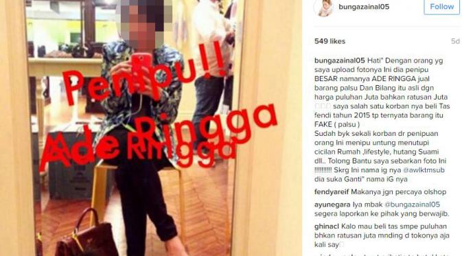 Penjual Online Shop yang menipu Bunga Zainal [foto: instagram/bungazainal05]