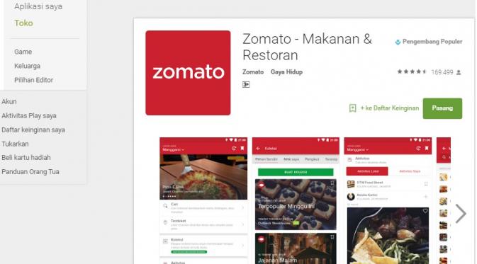 Aplikasi Zomato (Screenshoot).