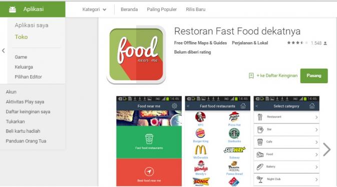 Aplikasi Restoran dan Fast Food Dekatnya (Sumber: Screenshoot)