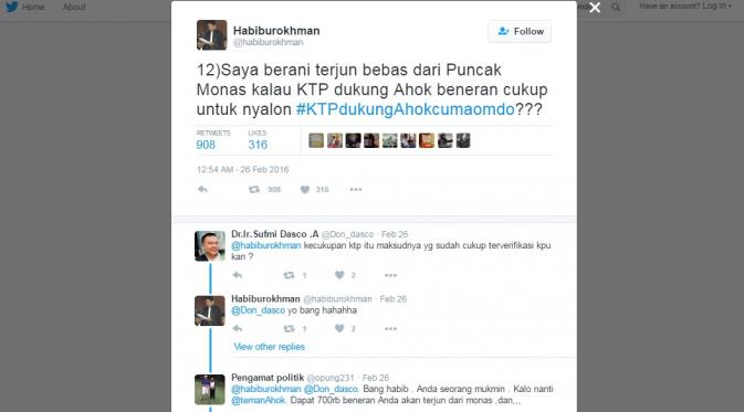 Tweet Politikus Gerindra Habiburokhman terjun dari Monas. (twitter.com)