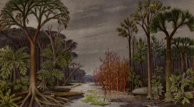 Ilustrasi pohon-pohon dari masa Permian akhir, termasuk spesies Gigantopterid. (Sumber Potonie (1899) Lehrbuch der Pflanzenpalaeontogie. Ferdinand Dümmler Verlagsbuchhandlung, Berlin via seedbiology.de) 