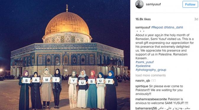 Sami Yusuf mengunggah foto saat dirinya pernah berkunjung ke Palestina sekitar 2015 silam, menjadi kenangan tak terlupakan (foto: Instagram)