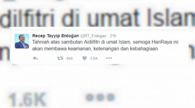 Presiden Erdogan Ucapkan Selamat Lebaran dalam Bahasa Indonesia  (Twitter)