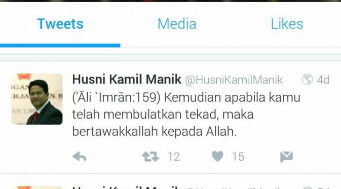 Sebelum meninggal, melalui akun Twitter-nya @husnikamilmalik, Ketua KPU Husni Kamil Manik sempat 'mencuit' atau menuliskan kata-kata yang diambil dari Alquran. (Twitter)