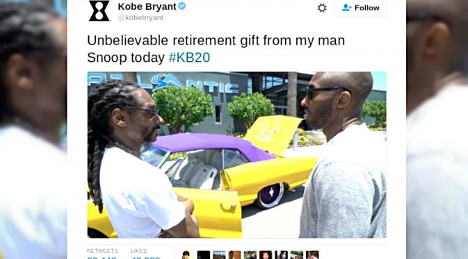 Snoop Dogg berikan Pemain basket legendaris tim Lakers, Kobe Bryant mobil convertible. (sumber: Daily Mail)