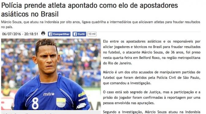 Berita soal penangkapan mantan striker Persib dan Arema, Marcio Souza di Brasil. (Istimewa)