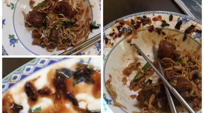 Seorang netizen membagi pengalamannya makan mie yang ternyata di dalam sausnya terdapat 60 kecoak. (Foto: Facebook/Julia Hunjaya)