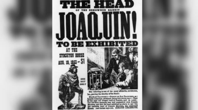 Poster yang mengumumkan adanya 'pertunjukan' kepala Murrieta di Stockton, California pada 1853 (Public Domain)