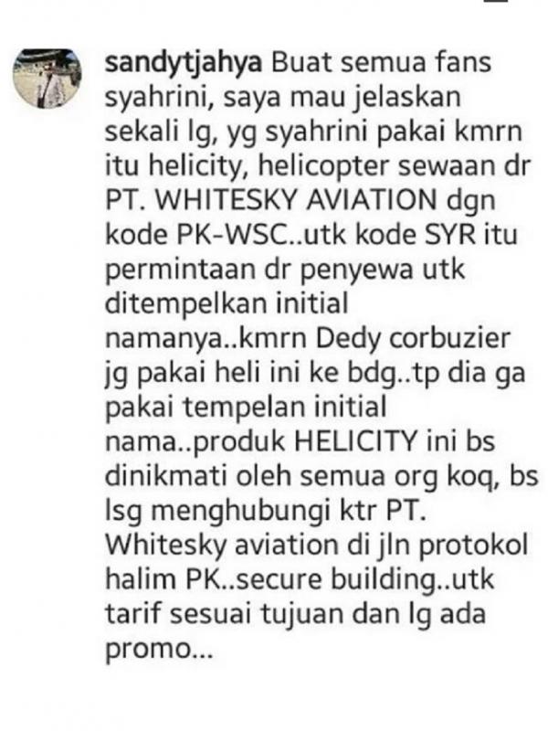 Cuitan akun @sandytjahya soal Helikopter Syahrini (Source: Instagram)
