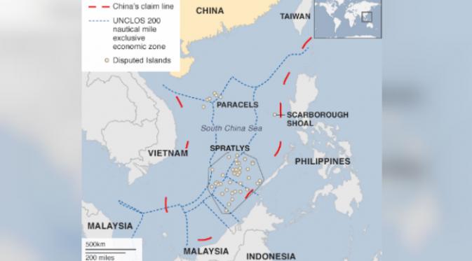 Daerah sengketa Laut China Selatan (BBC/UNCLOS,CIA)