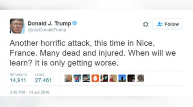 Trump menulis sejumlah tanggapan atas tragedi Bastille Day di Nice, Prancis, dalam Twitternya (Twitter/Donald Trump)