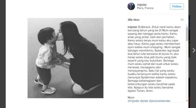 Ungkapan haru Jessica Iskandar untuk ulang tahun kedua sang buah hati. (Instagram)
