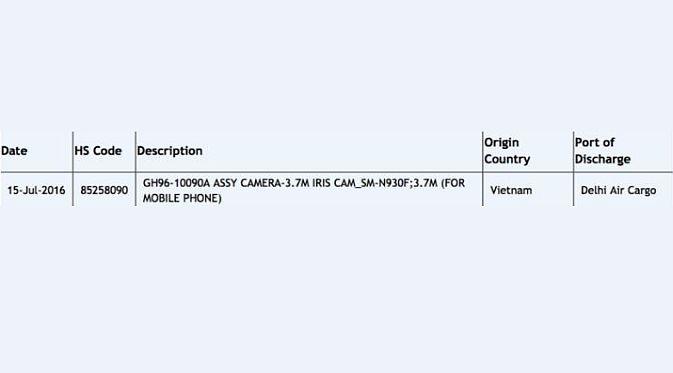 Pada website Zauba tercantum keterangan sebuah kamera untuk memindai iris mata telah diimpor dari Vietnam untuk perangkat dengan nomor kode SM-N930F (Foto: Phone Arena)