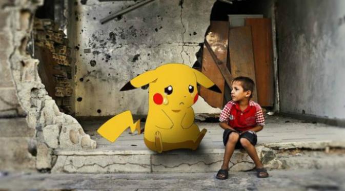 Menggunakan kepopuleran Pokemon Go, sejumlah warga Suriah mencoba menarik perhatian dunia tentang kekacauan di negerinya. (Sumber Moustafa Jano via BBC)
