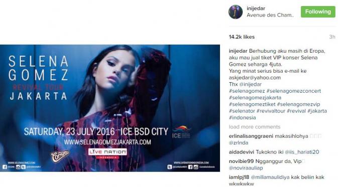 Jessica Iskandar jual tiket konser Selena Gomez miliknya [Instagram]