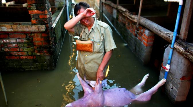 Seorang perempuan menangis di dekat babi peliharaannya yang mati di Xiaogan, Hubei (Reuters)