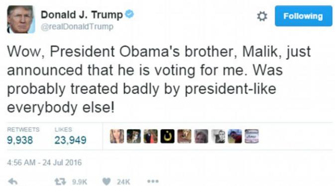 Tanggapan Trump atas dukungan Malik kepadanya yang ditulis dalam Twitter (Twitter/Donald Trump)