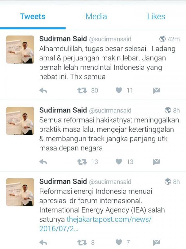 Kicauan Sudirman Said di Twitter jelang perombakan kabinet. 