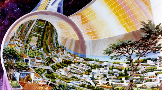 Torus (cincin) Stanford. Sudah sejak lama, manusia berangan-angan mendirikan koloni di luar angkasa. Sejumlah konsep stasiun angkasa pun dipaparkan pada 1970-an. (Sumber NASA Commons via Flickr)