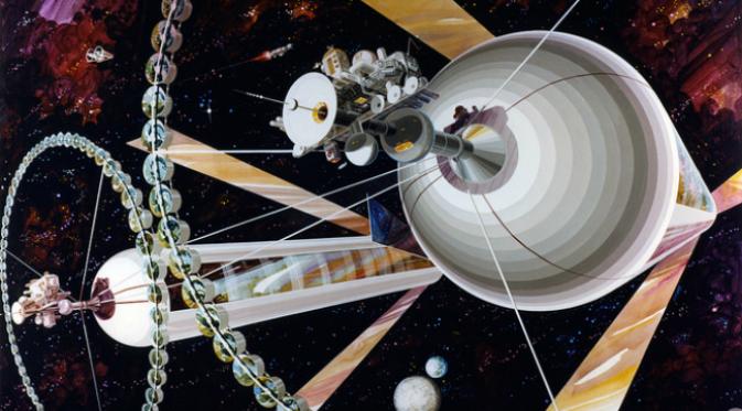 Silinder stasiun angkasa. Sudah sejak lama, manusia berangan-angan mendirikan koloni di luar angkasa. Sejumlah konsep stasiun angkasa pun dipaparkan pada 1970-an. (Sumber NASA Commons via Flickr)