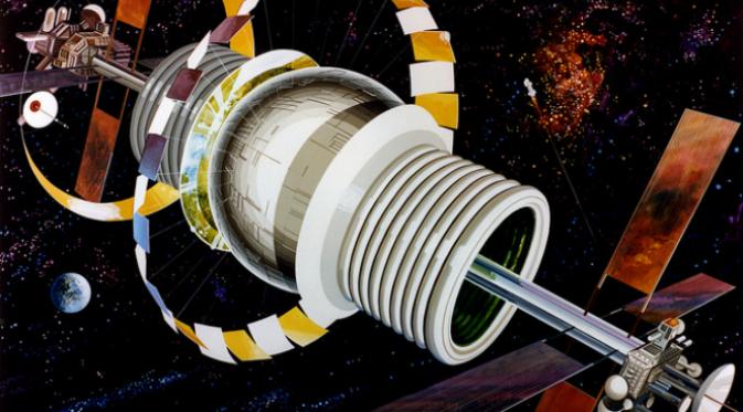 Konsep bola Bernal. Sudah sejak lama, manusia berangan-angan mendirikan koloni di luar angkasa. Sejumlah konsep stasiun angkasa pun dipaparkan pada 1970-an. (Sumber NASA Commons via Flickr)