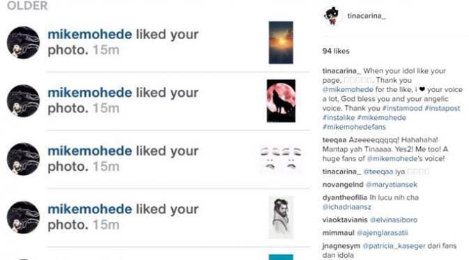 Postingan foto yang memperlihatkan Mike Mohede menyukai postingan dari Tina. (via Instagram.com)