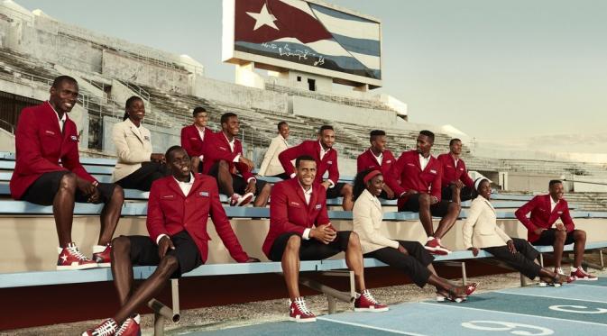 Hasil rancangan Christian Louboutin bekerja sama dengan Henry Tai untuk seragam altet Kuba di Olimpiade 2016 Rio de Janeiro. Sumber :  Christian Louboutin.