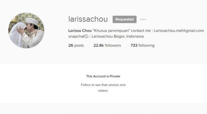 Akun Instagram Larissa Chou digembok dan hanya dikhususkan untuk perempuan.