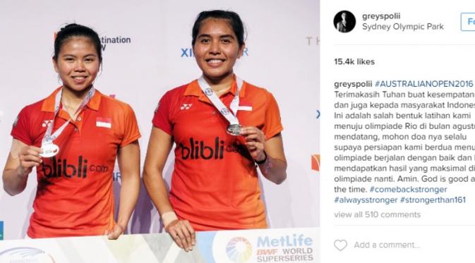 Usai kegagalan di babak final Olimpiade Rio 2016, Greysia Polii tetap banjir dukungan dari netizen. (via: instagram)