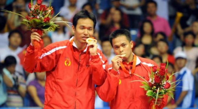 Sebelum Tontowi Ahmad/Liliyana Natsir meraih medali emas di Olimpiade 2016, Indonesia terakhir kali mendapatkannya melalui Markis Kido/Hendra Setiawan pada Olimpiade Beijing 2008. (AFP/Goh Chai Hin)