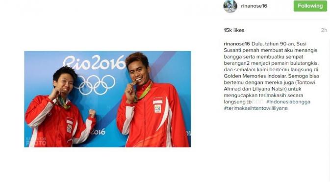 Rina Nose ikut bangga dengan keberhasilan Tontowi Ahmad/Liliyana Natsir di Olimpiade Rio 2016 [foto: instagram]