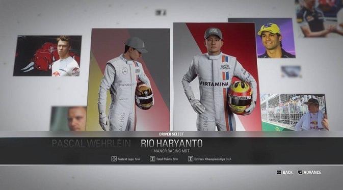 Tampilan Rio Haryanto sebagai pembalap tim Manor Racing di gim F1 2016 (sumber: facebook resmi Rio Haryanto)