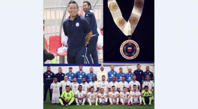 Koleksi medali Rudy Eka Priyambada dari Al Najma yang sukses promosi ke kasta tertinggi Liga Bahrain musim 2017. (Bola.com/Istimewa)