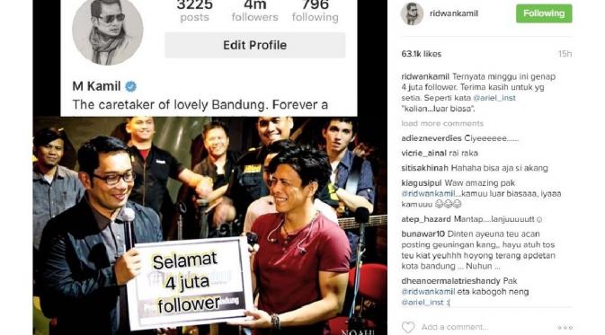 Ridwan Kamil raih 4 juta followers di Instagram [foto: instagram]