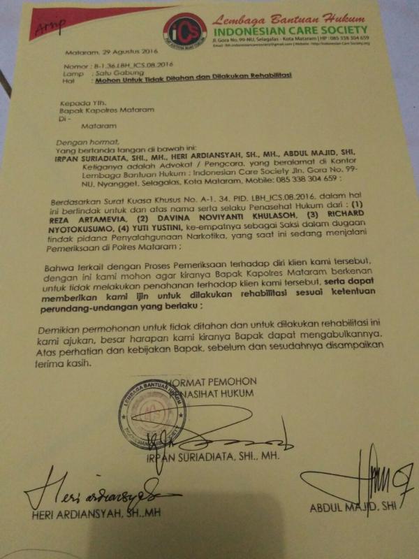 Surat Permohonan rehabilitasi Reza Artamevia ke Kapolres Mataram (Istimewa)