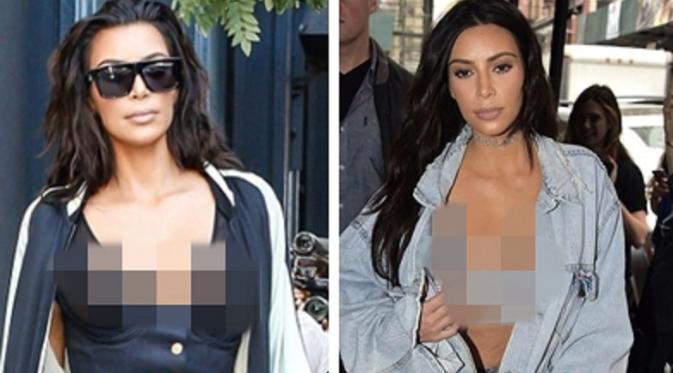 Kim Kardashian tampak tak mengenakan bra dengan pakaian transparan (Dailymail)