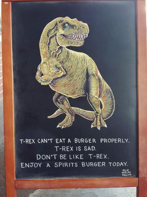 T-rex nggak bisa makan burger dengan baik. (Via: boredpanda.com)