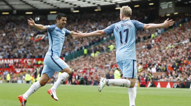 Gelandang Manchester City Kevin de Bruyne usai cetak gol ke gawang Manchester United (Reuters).