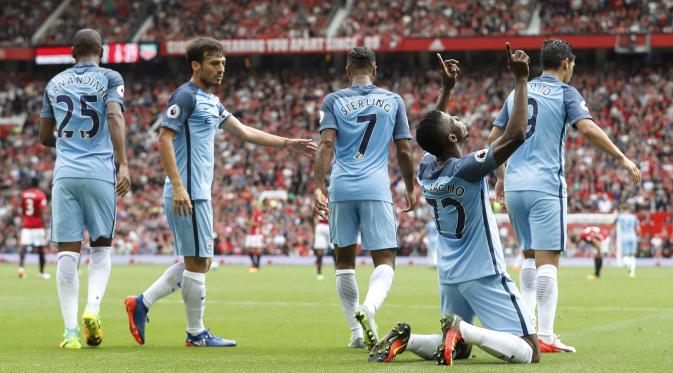 Striker Manchester City Kelechi Iheanacho usai cetak gol ke gawang Manchester United (Reuters).