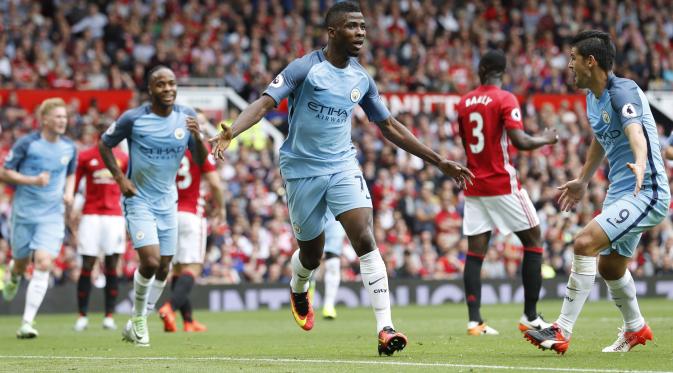 Striker Manchester City Kelechi Iheanacho usai cetak gol ke gawang Manchester United (Reuters)