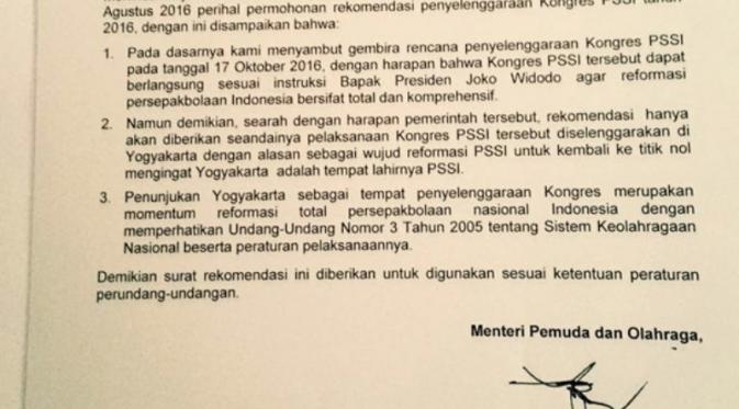 Surat untuk PSSI yang menyatakan bahwa Pemerintah hanya merekomendasikan Kongres PSSI digelar di Yogyakarta. (Google)