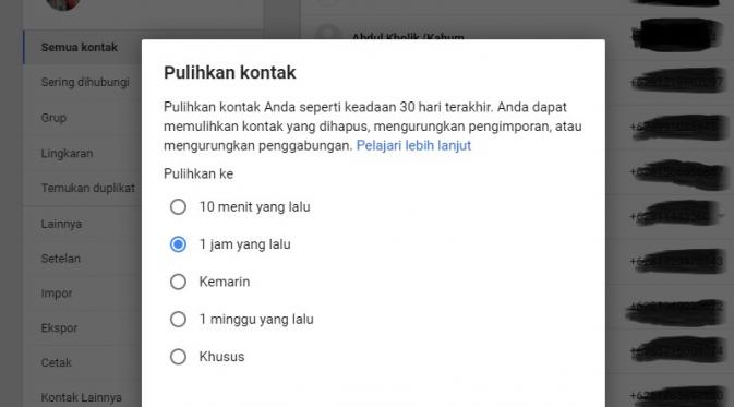 Mengembalikan kontak yang hilang pada Android dengan bantuan akun Gmail (Sumber: Screenshoot)