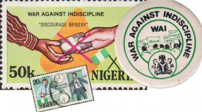Lencana dan perangko yang digunakan pada 1980 untuk mendorong orang agar mengantre, tepat waktu, dan menghentikan korupsi (Various)