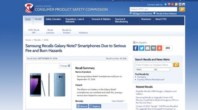 Laman Consumer Product Safety Commission AS yang menyebutkan penarikan perangkat Galaxy Note (Sumber: Screenshoot)