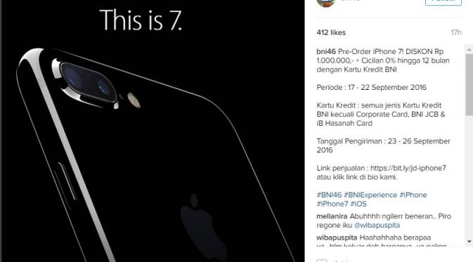 BNI46 menawarkan pre-order iPhone 7 (Sumber: Instagram BNI46).