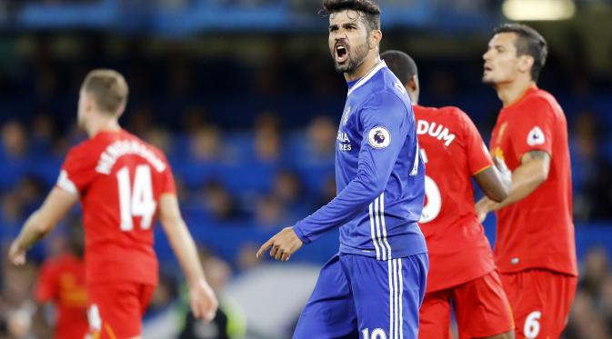 Gol Diego Costa sia-sia karena Chelsea harus kalah 1-2 dari Liverpool. (AP Photo/Frank Augstein)