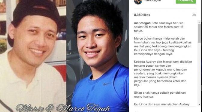 Mario Teguh membandingkan fotonya saat berusia 35 tahun dengan Marco anak lelakinya saat berusia 16 tahun. (Instagram @marioteguh)