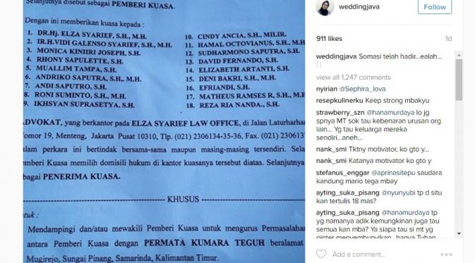 18 Pengacara yang menangani somasi Mario Teguh untuk Ario Kiswinar, Permata Kumara dan Deddy Corbuzier. (Instagram @weddingjava)