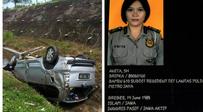 Bripka Anita meninggal dunia setelah mobil Toyota Avanza yang dikendarainya terguling di pinggir Tol Cipali Km 125, Indramayu, Jawa Barat. (Foto: Istimewa/Panji Prayitno)