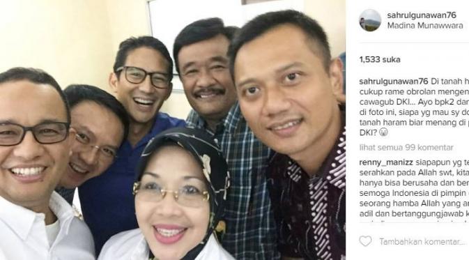 Sahrul Gunawan memosting foto pasangan cagub dan cawagub DKI Jakarta (Instagram/@sahrulgunawan76)